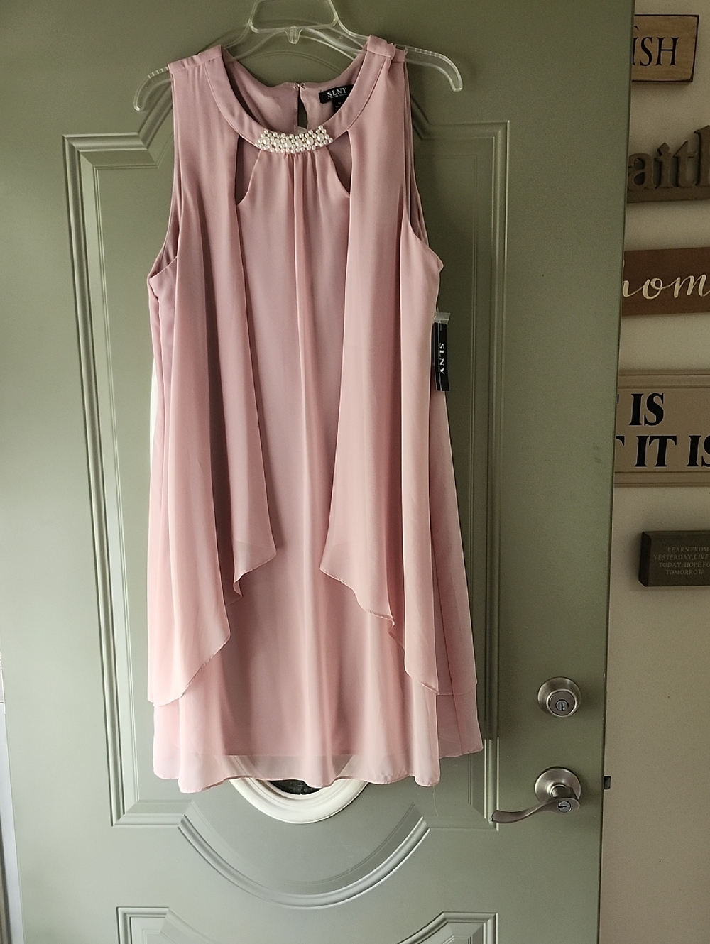 SLNY Blush Pink Layered Chiffon Dress with Beaded Collar - Picture 7 of 7